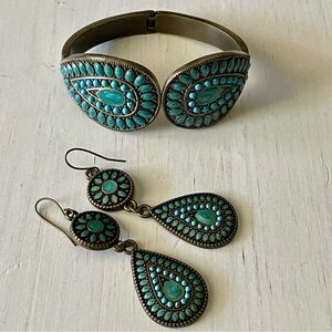 Turquoise blue tone bracelet cuff & earrings gemstone tribal boho bronze tone